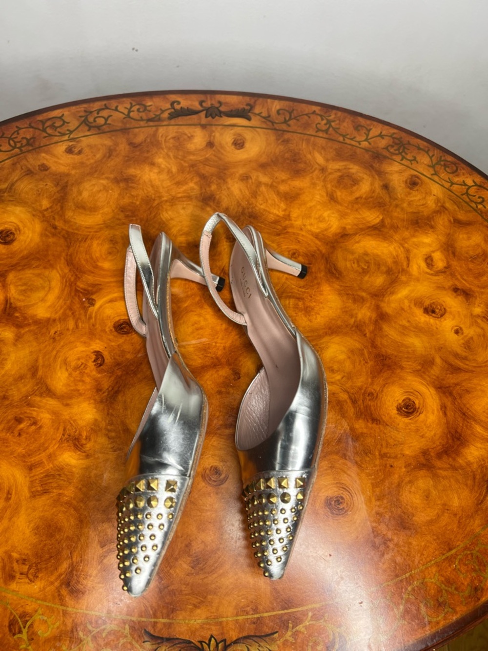 Metallic Silver Pointed Toe Slingback Flats with Gold Studs - Picture 3 of 7